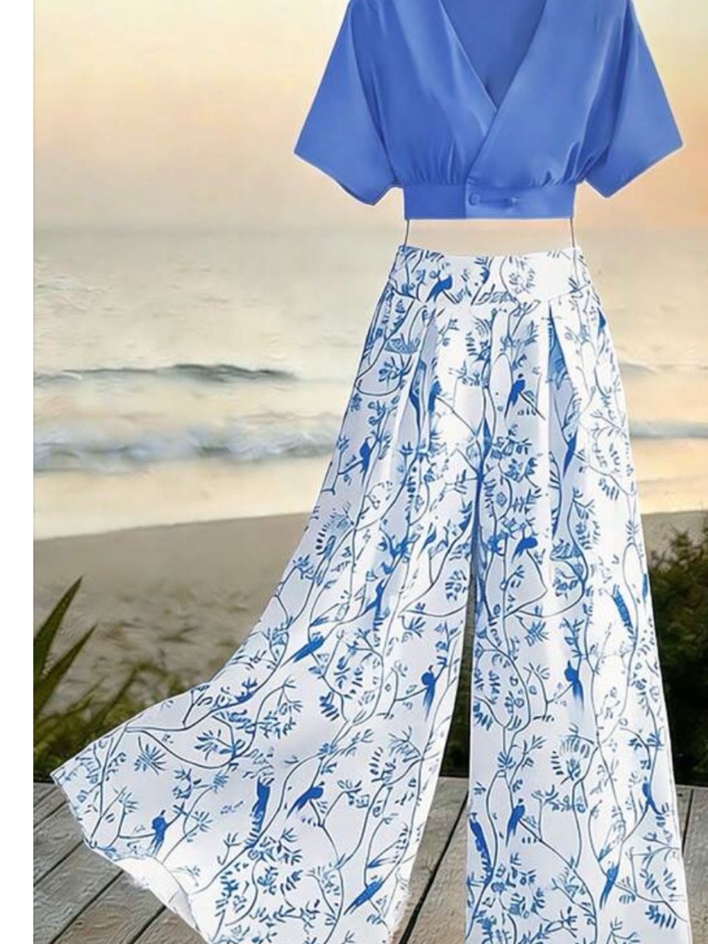 SHEIN Blue & White Floral Wide-Leg Pants - Top is Medium and Bottoms are a Large